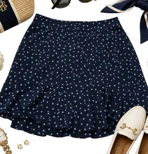 Madewell Women’s 2 Black White Star Print 100% Silk Ruffle Hem Mini Skirt G9969 thumbnail 1
