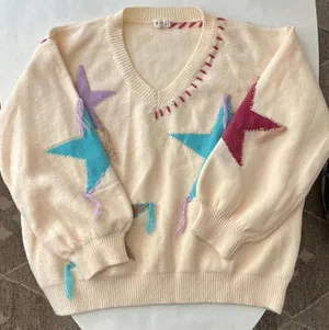 POL Patchwork Star Sweater - Beige V Neck Thick Knit Size Medium thumbnail 1