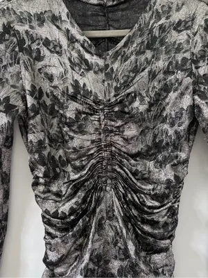 Isabel Marant Diego Floral Ruched Print Stretch Silk Blend Silver Black Top 36 thumbnail 2
