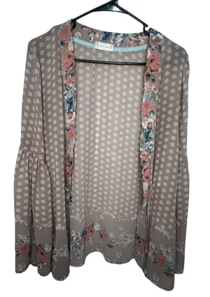 Altar'd State Floral Geometric Bell Sleeve Sheer Open Front Long Sleeve Kimono C thumbnail 1