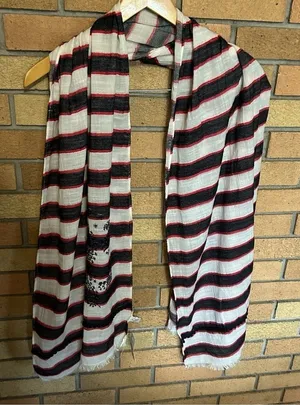 NWT LOFT Embroidered Black Red & White Striped Scarf 70x24” thumbnail 1