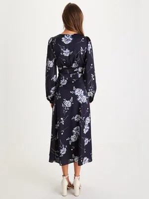 Lulus | Beautiful Details Navy Blue Floral Long Sleeve Midi Dress, M thumbnail 3