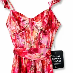 NEW Lulus Sweet Like Sangria Pink Floral Ruffled Bustier Tie Midi Dress Small thumbnail 8