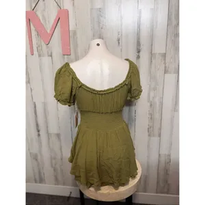 Olive Green Smocked Romper Puff Sleeve Rayon Mini Dress Look Size M thumbnail 4