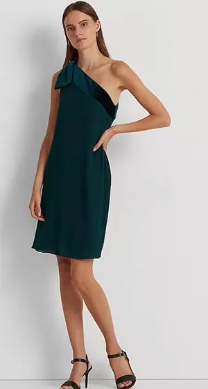 Lauren Ralph Lauren Chiffon One Shoulder Bow Velvet Dress Green Party US 6 NWT thumbnail 1