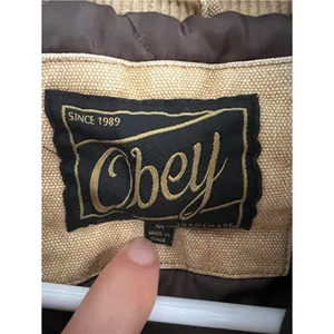 Obey Cream Canvas Bomber Jacket Corduroy Collar Brown Lining Short Women’s Sz M thumbnail 4