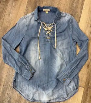 Cloth & Stone Women’s Small Chambray Lace Up Popover Shirt Denim Tencel Top thumbnail 1