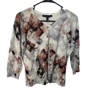 White House | Black Market Cardigan Women XL Floral Good 3/4 Sleeve V-Neck Geometric thumbnail 1