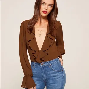 REFORMATION Brown Ruffle Penny Bodysuit Size Medium‎ thumbnail 2