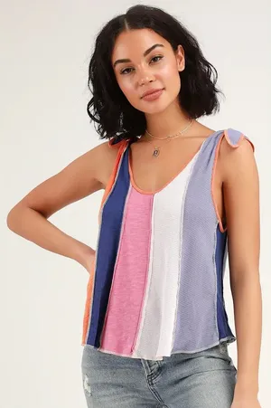 We The Free Free People Carousel Patchwork‎ Tank Top Multi Color Tie Shoulder LG thumbnail 1