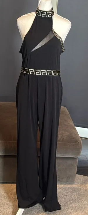 Women’s Black Halter Neck BodyCon Sleeveless Party Jumpsuit Wide Leg Size L NWOT thumbnail 1