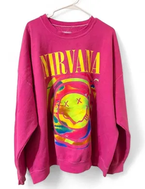 Nirvana Smiley Face Sweatshirt; Nirvana Aesthetic Pink Rainbow Unisex Sweatshirt thumbnail 1