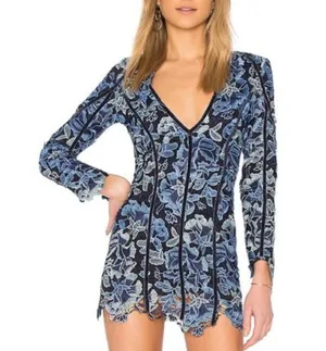 NBD X Corinne Womens Blue Lace Mini Dress Long Sleeve Floral Fitted V Neck thumbnail 1