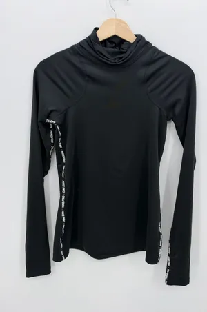 Nike Pro Dri-FIT Women Black Funnel Neck Long Sleeve Training Top S Gold Swoosh thumbnail 1