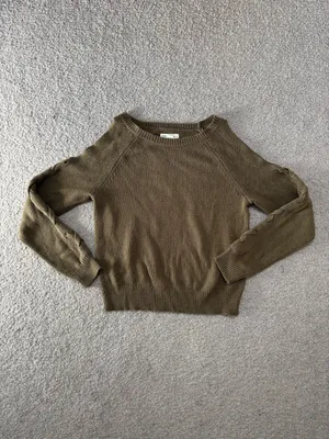 Aeropostale Olive Cold Shoulder Lace-Up Sleeve Crewneck Sweater thumbnail 2