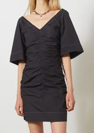 Ganni Cotton Black Ruched Dress 38 Medium Contrast Stitch thumbnail 1