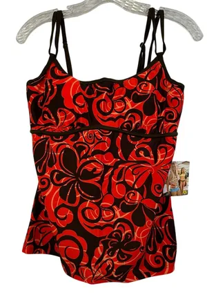 Hapari Lava SOS Tankini‎ Top Red Brown Floral Lace Up Back NWT Large thumbnail 1