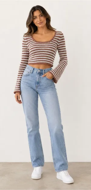Hollister Brown Crochet Stripe Bell Sleeve Crop Top • 70s Y2K thumbnail 1