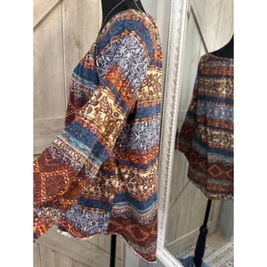 Tru Self Women XL Boho Tapestry Print Tunic Top Rust Blue 3/4 Sleeve Scoop Neck thumbnail 3