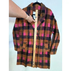 NVLT Pink‎ Brown Buffalo Plaid Double Breasted Fuzzy Longline Coat Coatigan thumbnail 8