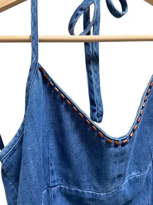 Route 66 Y2K Denim Halter Mini Dress Blue Size 10 Boho Summer Coastal Festival thumbnail 4