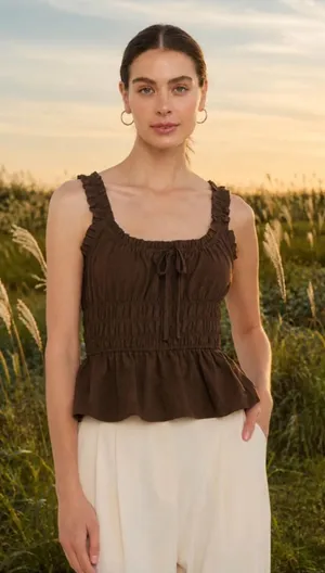 NWT Blu Pepper Brown Ruffle Front Tie Shirred Peplum Tank Top Medium thumbnail 1