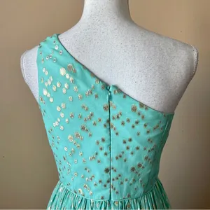SHOSHANNA | Silk Blend Teal/Metallic Gold Rayna One-Shoulder Cocktail Dress Sz 4 thumbnail 8