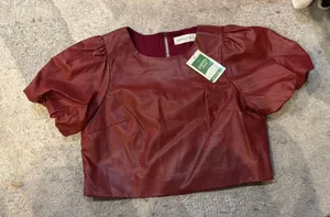 NWT Pants Store Brick Red Faux Leather Puff Sleeve Crop thumbnail 1