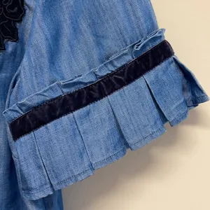 Crown & Ivy denim top with velvet floral appliqué accents & tie size M thumbnail 4