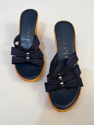 Italian Shoemakers Women's Navy Blue Bow Detail Wedge Sandals Slide-on Size 10W thumbnail 1