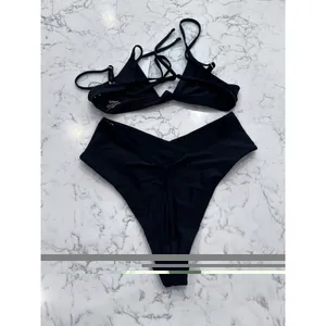New Quince Black Knot Tie Bikini Top & V Cut High Leg Bottom Set Size Small thumbnail 2