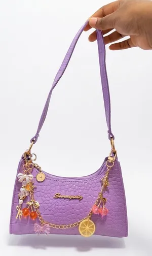 Purple Crocodile Embossed Shoulder Bag with Charm Chain & Pom Pom Details thumbnail 1