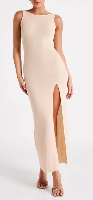 Meshki Maxine Sheer Knit Sleeveless Low Back Fitted Maxi Dress Tan Wheat XS thumbnail 1