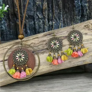 Boho Zinc Alloy Wood Retro Flower Design Tribal‎ Necklace & Earrings Set thumbnail 14