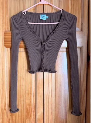 Princess Polly Ollie‎ Top XS/S Brown Ribbed Knit Cropped Cardigan Lettuce Hem thumbnail 1