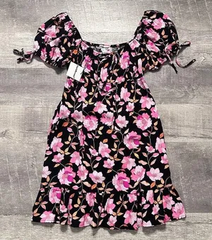 Charlotte Russe Pink Floral Puff Sleeve Black Mini Dress NEW Womens M Ruffle Hem thumbnail 1