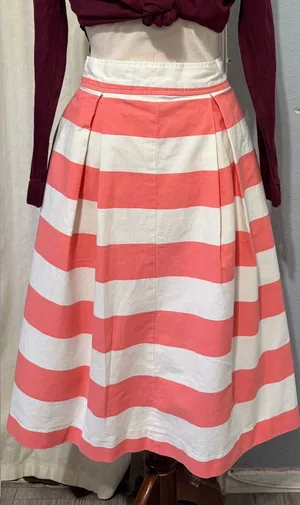 100% Cotton Womens Midi Skirt Size M Pink White Striped Pleated‎ Mod Nautical thumbnail 1