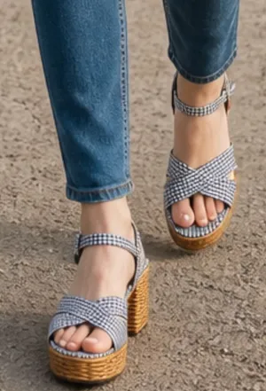 Jeffrey Campbell Amma platform sandals in blue gingham with wicker heel 9 thumbnail 1