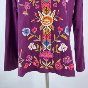 NWOT Johnny Was Anaya Floral-Embroidered Henley Top Tee Long Sleeve T-Shirt M thumbnail 7