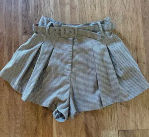 Free People Plaid High-Waist Belted Shorts in Gray-Taupe thumbnail 1