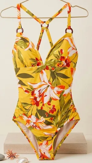 KONA SOL Boho Tropical Floral One Piece Swimsuit Yellow Hibiscus Print Small thumbnail 1