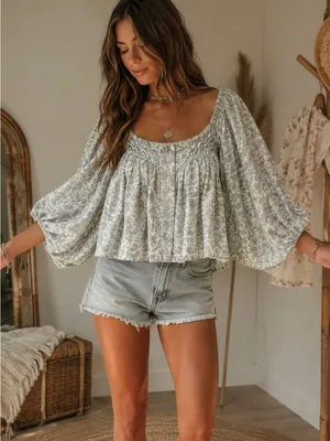 Soft Surroundings Free People Floral Boho Peasant Blouse Puff Sleeve Cottagecore thumbnail 1