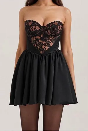 House of CB J’adore black lace and satin mini dress Size XS thumbnail 1