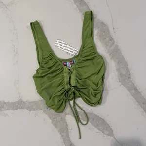 Urban Outfitters NWT Ruched Lace Up Cropped Sheer Tank Top Women’s Medium Green thumbnail 5