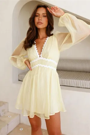 Hello Molly long sleeve sheer mini dress yellow large 8 NWT thumbnail 1