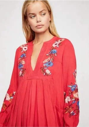 Free People Floral Embroidered Tunic‎ Top Size Small (flaw) thumbnail 1