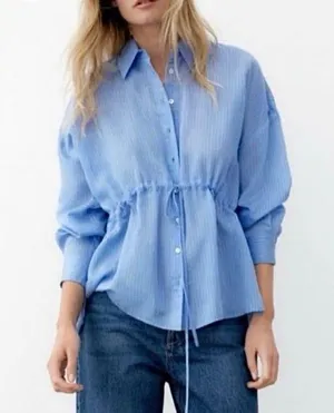 Zara Wrinkled Drawstring Waist Striped Shirt 4387/042/044 Blue White Size XL thumbnail 2