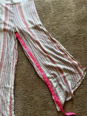 Striped Wide-Leg asymmetrical flowy bohemian Pants in Cream and Coral thumbnail 3