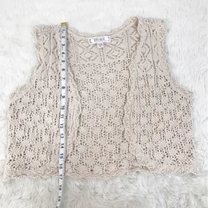 DECREE Beige Cream Crochet Open Front Vest XL Cropped Boho Festival Beach Summer thumbnail 9