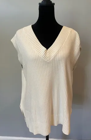 Women's Cream Ribbed V-Neck sleeveless Sweater thumbnail 1